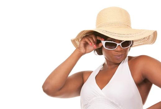 pretty black woman wearing white summer outfit on white background