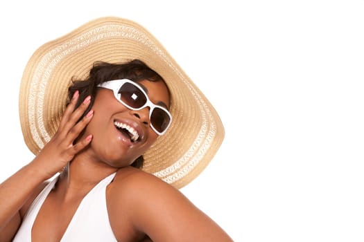 pretty black woman wearing white summer outfit on white background