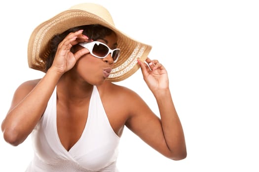 pretty black woman wearing white summer outfit on white background