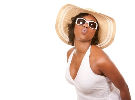 pretty black woman wearing white summer outfit on white background