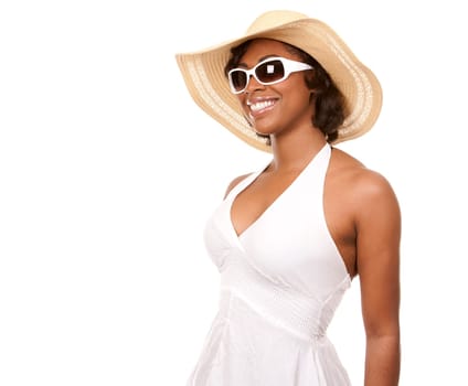 pretty black woman wearing white summer outfit on white background