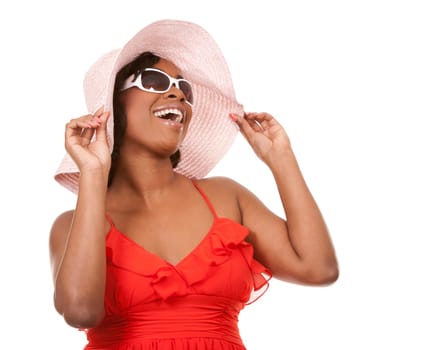 pretty black woman wearing white summer outfit on white background