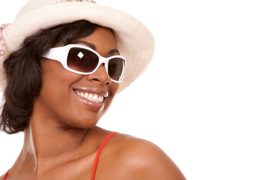 pretty black woman wearing white summer outfit on white background
