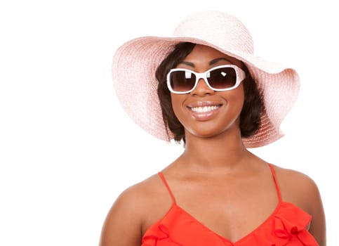 pretty black woman wearing white summer outfit on white background