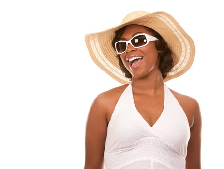 pretty black woman wearing white summer outfit on white background