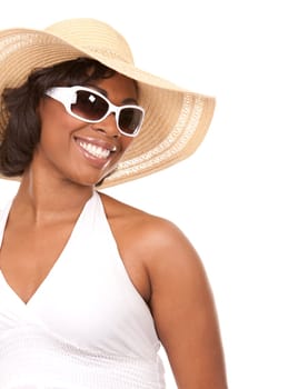 pretty black woman wearing white summer outfit on white background