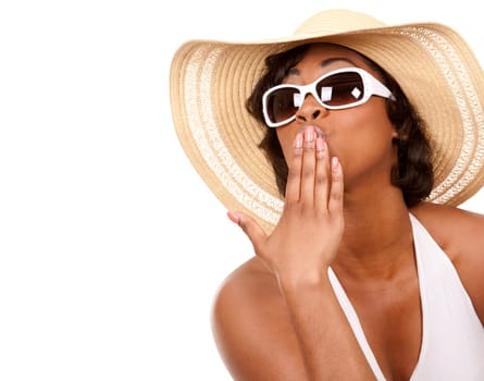 pretty black woman wearing white summer outfit on white background