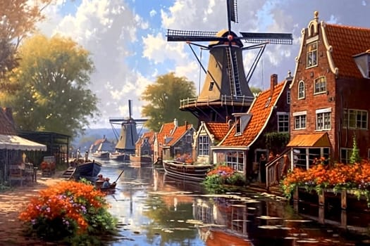 An old small town on the banks of a water canal. Windmills and picturesque houses. AI illustration.