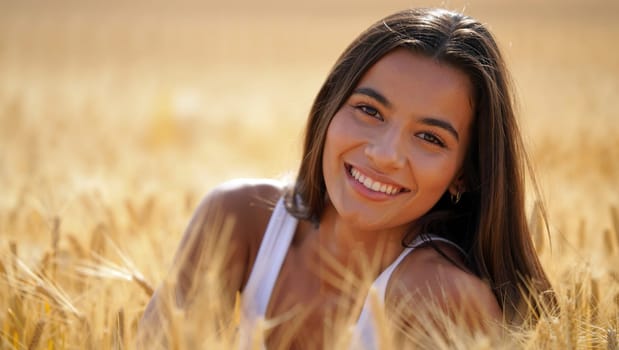 A young woman relaxes in a golden wheat field, laughing and soaking in the warm summer sun while surrounded by nature's beauty. Generative AI.