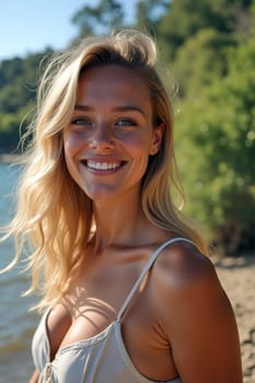 Bright sunlight illuminates a cheerful woman with long, blonde hair at a riverside. Her joyful expression complements the serene natural surroundings. Holidays concept. Generative AI.