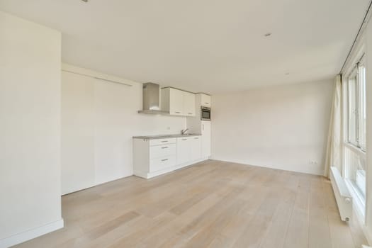 A bright and airy modern kitchen featuring sleek cabinetry and light wooden flooring, ideal for contemporary living spaces. The design emphasizes simplicity and functionality.