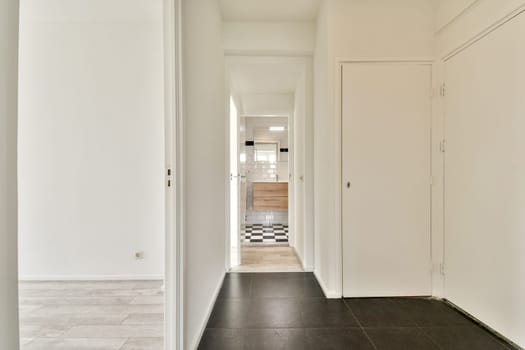 A sleek and modern hallway showcasing minimalist design elements. The space features a clear view into a stylish bathroom with clean lines and neutral colors.