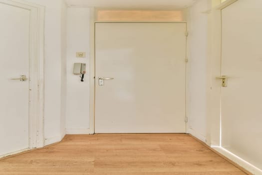 A spacious and well-lit interior hallway featuring white walls, a wooden floor, and multiple doors, creating a welcoming atmosphere in a modern home.