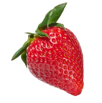  A single, red ripe strawberry with small yellow seeds and fresh green leaves, isolated background