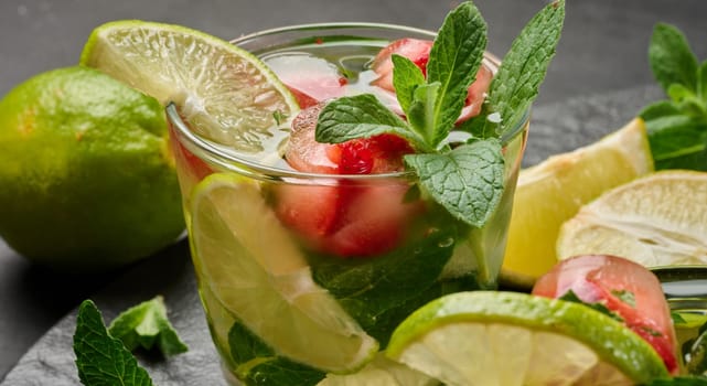 Refreshing mojito cocktail with lime, mint, strawberry, and ice on dark background, close up