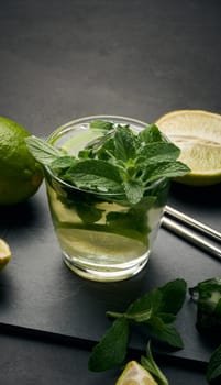 Glass of mojito cocktail with fresh mint leaves, lime slices, and ice cubes on a dark stone background. Refreshing summer drink with stainless steel straws