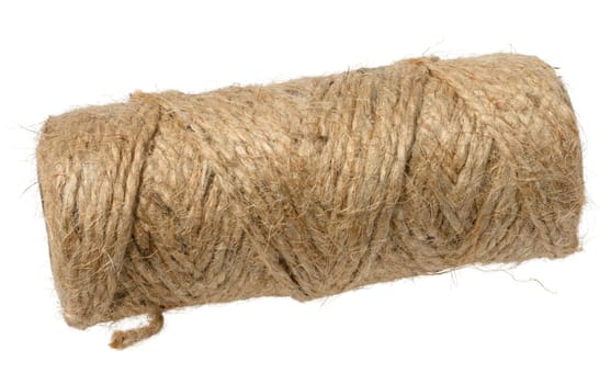 A tightly wound spool of rustic, light brown jute twine with visible fibers, isolated background