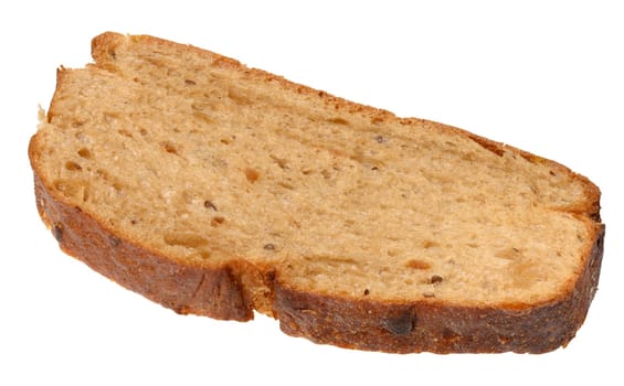 A single, slightly irregular slice of light brown whole grain bread with visible seeds and a textured crust, isolated background