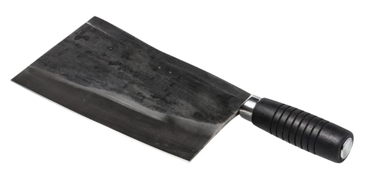Large, heavy meat cleaver with a dark, textured blade and a black, ridged handle, isolated background. Cleaver has a sturdy and robust appearance
