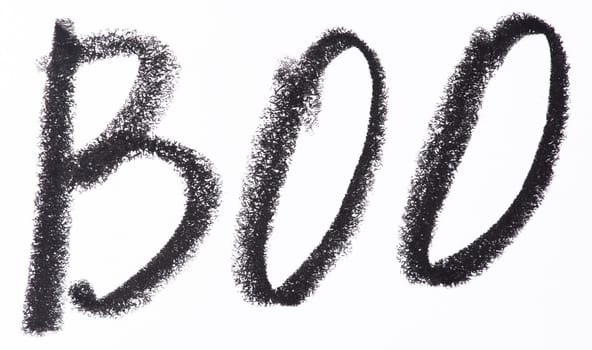 Word BOO written in thick, textured black crayon letters on a white background. The letters are large and slightly uneven