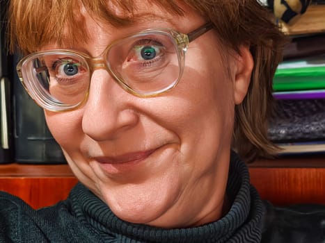 A mature woman smiles brightly while taking a selfie in a warm, inviting indoor space filled with books and personal items reflecting her lifestyle.