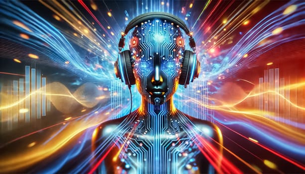 The futuristic human figure is adorned with intricate, glowing digital circuits across the face and body, seamlessly merging with neon waves and abstract data streams in the background. Dynamic colors of blue, gold, and red create an energetic and high-tech atmosphere, with sleek headphones glowing amidst the digital flow.