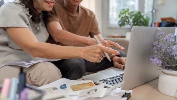 Senior couple reviewing income and expenses on a laptop, focusing on family budget management and financial planning.
