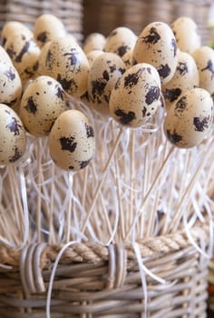 This delightful arrangement features quail eggs carefully crafted into a stunning Easter decoration. Perfect for home decor, it adds a touch of rustic charm and seasonal joy to any setting.