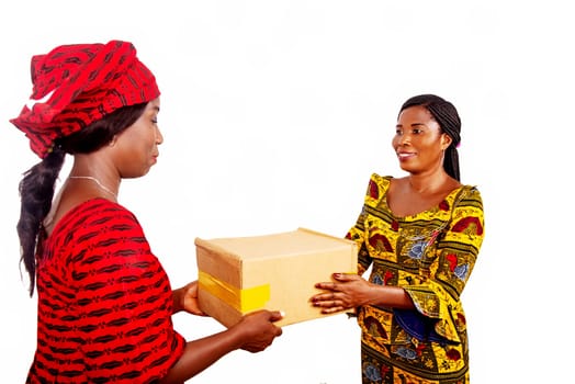 beautiful adult businesswoman smiling while receiving a parcel box from a woman dressed in red loincloth in her office