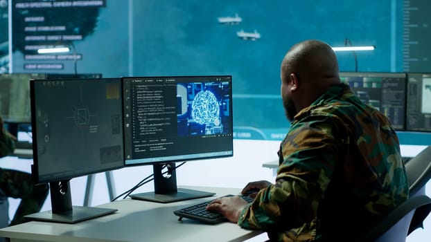 Cloud computing expert using new technology AI brain to learn intelligence for national defense missions, operating laptop to gather information from cctv systems. Neural network. Camera A.