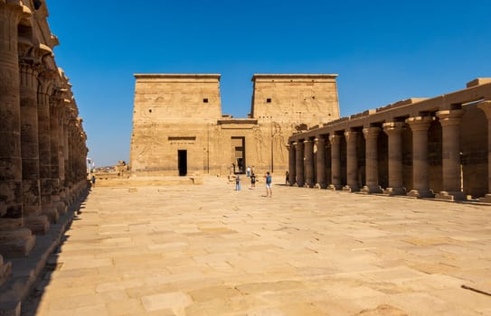 Front view of the reconstructed Philae Temple on an island in Aswan Harbor or Reservoir formed by the Low Dam on the Nile
