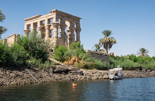 Trajans Kiosk or Pharoahs bed on an island in Aswan Harbor or Reservoir formed by the Low Dam on the Nile