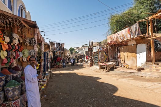 Aswan, Egypt - 5 November 2024: Traditional street market in Nubian Village with tourists in the distance