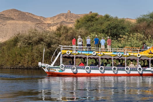 Aswan, Egypt - 5 November 2024: Scenic boat cruise on the Nile River near Aswan, Egypt, heading across the river for bird watching