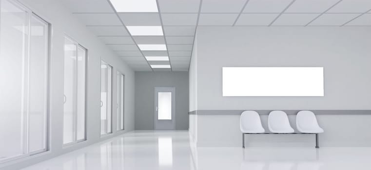 A bright and clean hospital hallway featuring minimalistic design and modern seating, perfect for medical-themed projects.