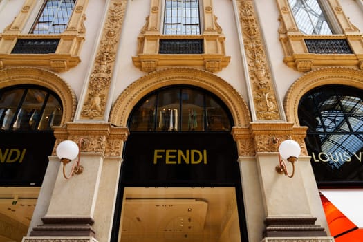 Milan, Italy - 24.04.2024: Fendi showcase located at shopping gallery in the center of Milan, Galleria Vittorio Emanuele, vitrine of the clothes shop