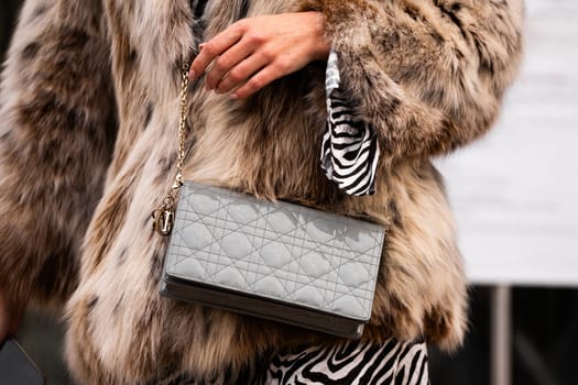 Milan, Italy - January, 24, 2024: woman wears Dior Lady bag, street style details, fashion outfit detail.