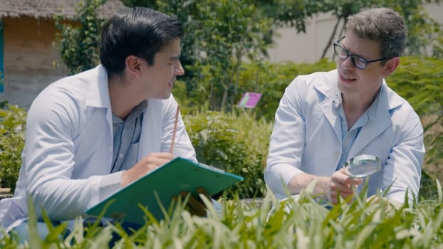 Two Biotechnology man engineer holding magnifying glass and looking at the vegetables leaf in hydroponics farm for disease, Professional researcher agriculture scientist take note in clipboard