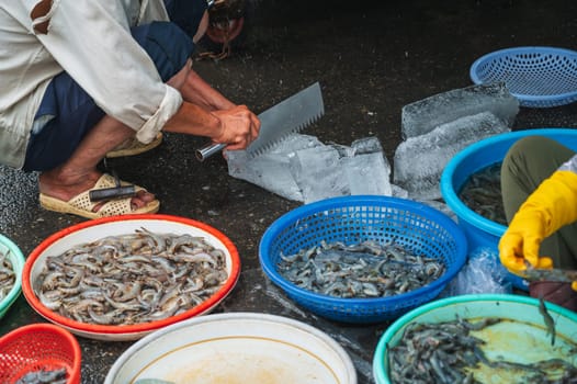 fresh shrimp and raw prawns at the seafood market in Asia in Vietnam