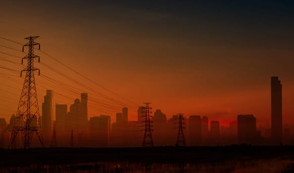 Blackout in Spain and Portugal shows dark cityscape with electricity pylon. European energy crisis. Power outage and infrastructure vulnerability at night. Power outage concept. Metropolitan emergency