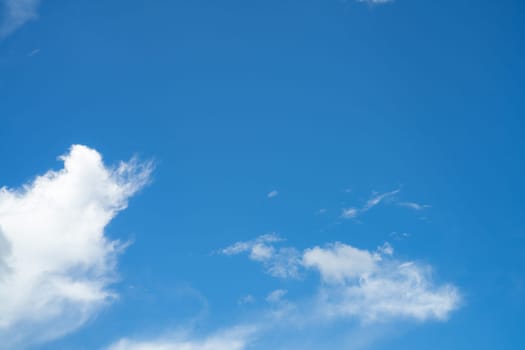 Blue sky with fluffy white cumulus clouds on bright sunny day, natural cloudscape background for environment and weather concepts. Summer day. Ozone awareness, clean air, environmental protection.