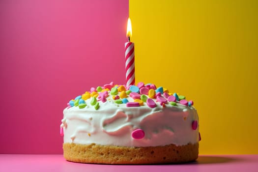 A festive birthday cake sits on a vibrant pink and yellow background, topped with colored sprinkles and a lit candle, celebrating a joyful occasion. Generative AI.