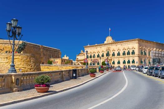 Valletta, Malta - 2 April, 2025: View of road to The Auberge de Castille (Auberge de Castille et Portugal)