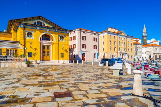 View of the embankment of Piran with historical buildings, Slovenia.