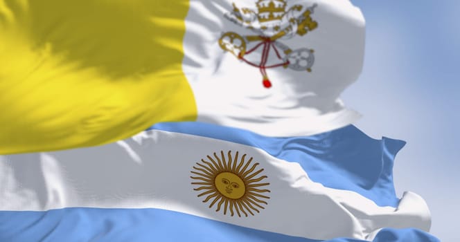 Flags of Vatican City and Argentina fluttering in the wind, showing national pride, identity, and faith under a clear sky. Realistic 3D render of textured fabric.