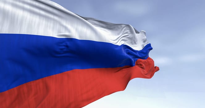 Close-up of the Russian flag fluttering in the wind, featuring white, blue, and red stripes, symbolizing national pride, freedom, and identity. Realistic 3D fabric texture render.