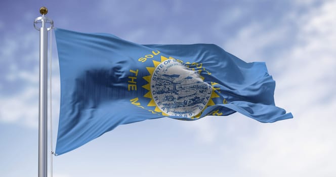 Close-up of the South Dakota flag with the state seal and sun rays, fluttering in the wind on a flagpole against a clear sky, symbolizing pride, unity, and freedom. 3D render.