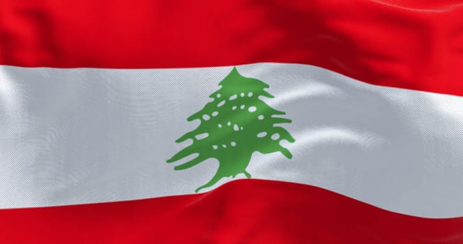 Realistic close-up of the Lebanese flag with cedar tree symbol, fluttering in the wind against a blue sky, representing pride, unity, patriotism, and national identity in Western Asia