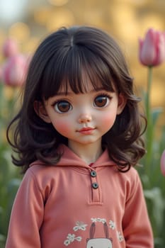 A young cartoon child stands among blooming tulips, wearing a pastel outfit, her expressive eyes reflecting the warm light of sunset. Anime illustration -Generative AI.