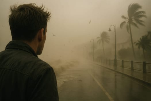 Man standing in intense storm by coastal road, watching palm trees sway and high waves surge. Perfect for climate change narratives, dramatic projects, or emotional storytelling